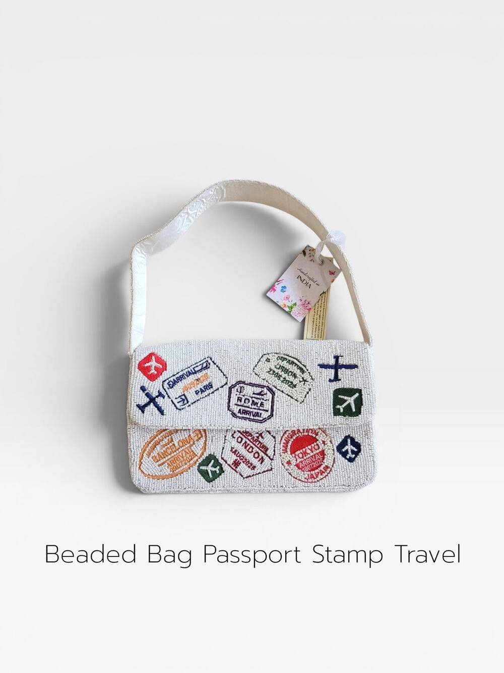NWT India Handicrafts Passport Stamp Beaded Shoulder Bag NWT White Multicolor